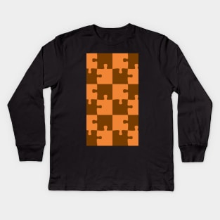 Cute Vintage Orange & Chocolate Brown Puzzle Pattern Kids Long Sleeve T-Shirt